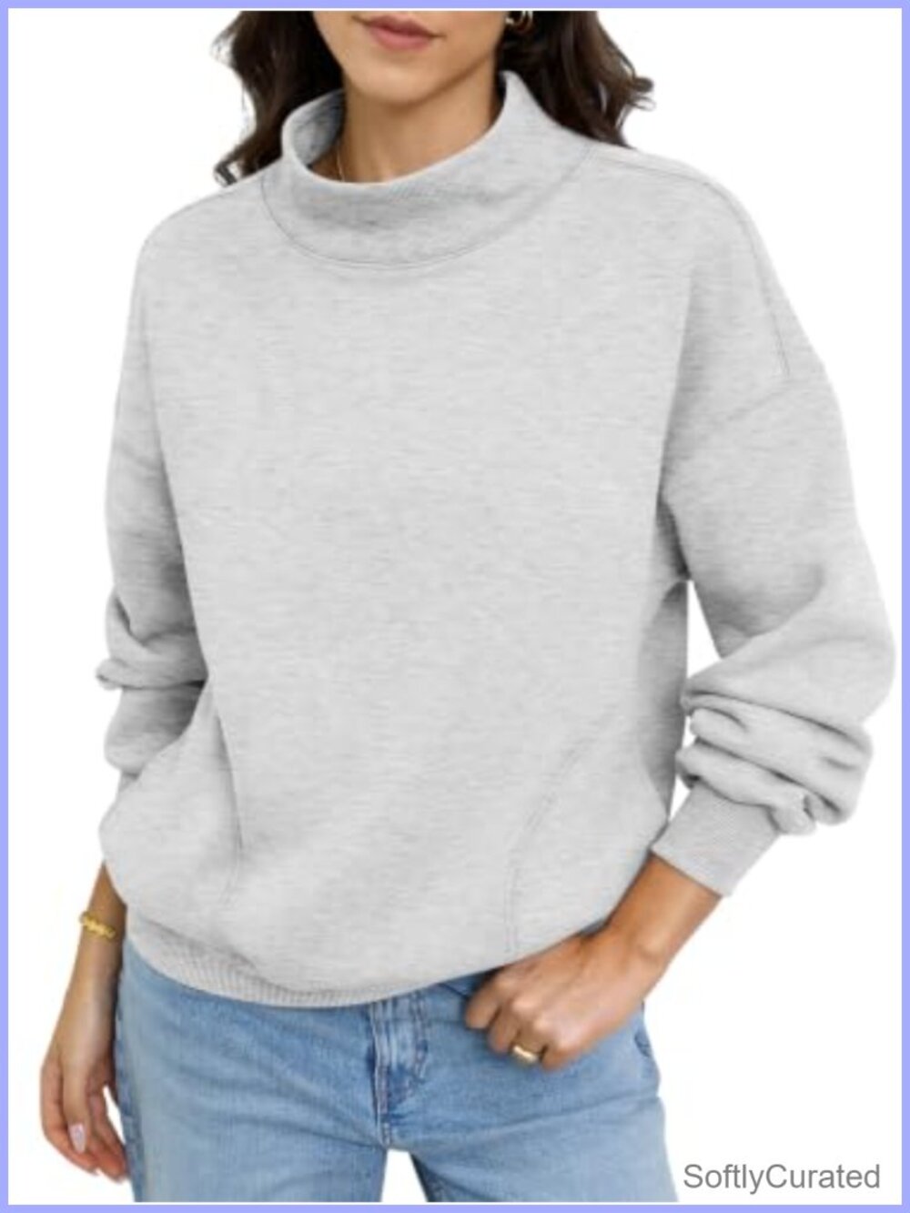 Fleece Mock Neck Sweatshirt with Pockets Pullover Cotton Blend Relaxed